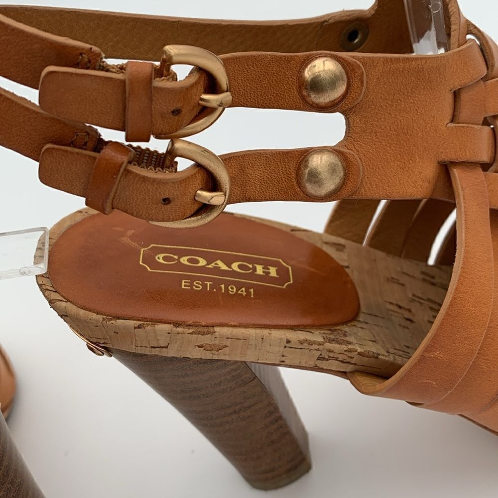 Coach brown leather basket weave heels stacked wooden heels women’s 5.5 B - Picture 9 of 12